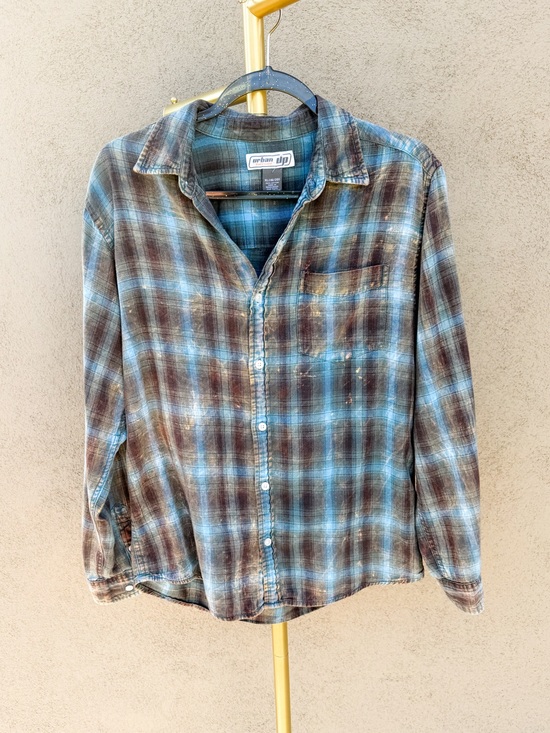 urban pipeline Tops - Y2K Blue Brown Plaid Flannel Distressed Bleach Grunge Button Collar Fall Shirt